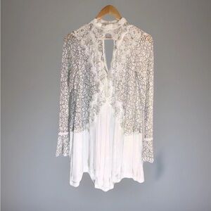$124 NEW Free People Tell Tale Lace cut-out mock LS Shirt/blouse top